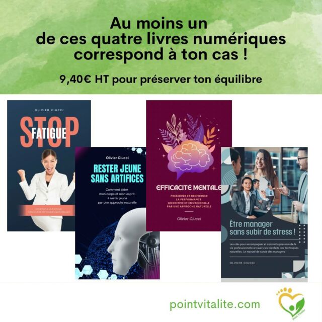 Franchement ce n’est pas super compliqué!…😉
Vivre mieux en faisant attention aux habitudes de vie, à l’alimentation et aux sources de désagrément c’est possible sans faire de grands efforts ou de grandes révolutions.😃

Pour faire des progrès pas à pas, progressivement à ton rythme, il faut avant tout comprendre les équilibres qui régissent ton corps, et les facteurs qui les dérèglent. La correction sera ainsi, évidente pour toi, selon ton propre cas. Il n’y a pas une méthode universelle et unique.

Je te propose donc de découvrir ces fameux équilibres et les méthodes naturelles qui permettent de les retrouver ou de les renforcer, dans ces livres numériques.

Parmi ces quatre livres, chacun est axé sur une problématique à résoudre:
🔹la fatigue
🔹les effets du vieillissement (dès 40 ou 50 ans)
🔹la performance cognitive, mentale et émotionnelle
🔹le stress au travail (mais le contenu vaut partout)

Vivre mieux, ça se comprend d’abord !

Je suis sûr qu’à la lecture de ces livres numériques, tu vas vite effacer tes déséquilibres et retrouver vitalité et sérénité!

Pour moins de 10€, tu comprendras enfin:
🔹pourquoi tu te sens comme tu es en ce moment
🔹comment rétablir ton équilibre général

Il n’y a pas meilleur investissement que son propre bien-être…

A bientôt, dans la librairie de Point Vitalité !
Comment?
Tu trouveras le lien en bio, sinon tu peux aller sur la rubrique « livres » de pointvitalite.com 

A+
Merci
Belle journée à toi

#fatigue #fatigué #fatiguée #sommeil #biendormir #bienetre #bienêtre #bienvivre #mieuxvivre #bienvieillir #stress #nostress #antistress #stressautravail #memoire #concentration #performance #mental #cognition #management #alimentationsaine #nutrition #naturopathie #phytotherapie #aromathérapie #micronutrition #microbiote #homeostasie #gestiondustress #relaxation